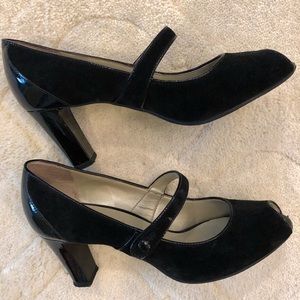 Talbots black suede peep toe heels, size 8